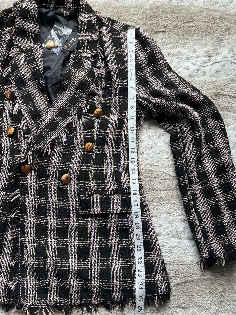 NWT Double-Breasted Black and Light Pink Plaid Fringe Blazer - Picture 7 of 7